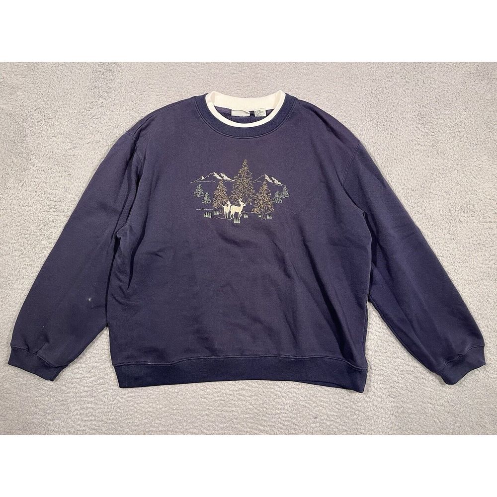 VTG Classic Elements Grandma Sweatshirt XL Embroidered Mountains Deer‎ Blue